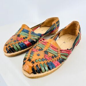 Authentic Ethnic Huaraches Sandals Brown Colorful Woven LEATHER Made In Mexico